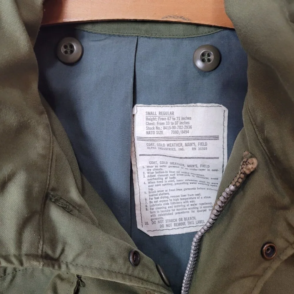 Vintage Alpha Industries M65 Mens Field Jacket Olive Green Cold Weather Coat - Picture 7 of 14